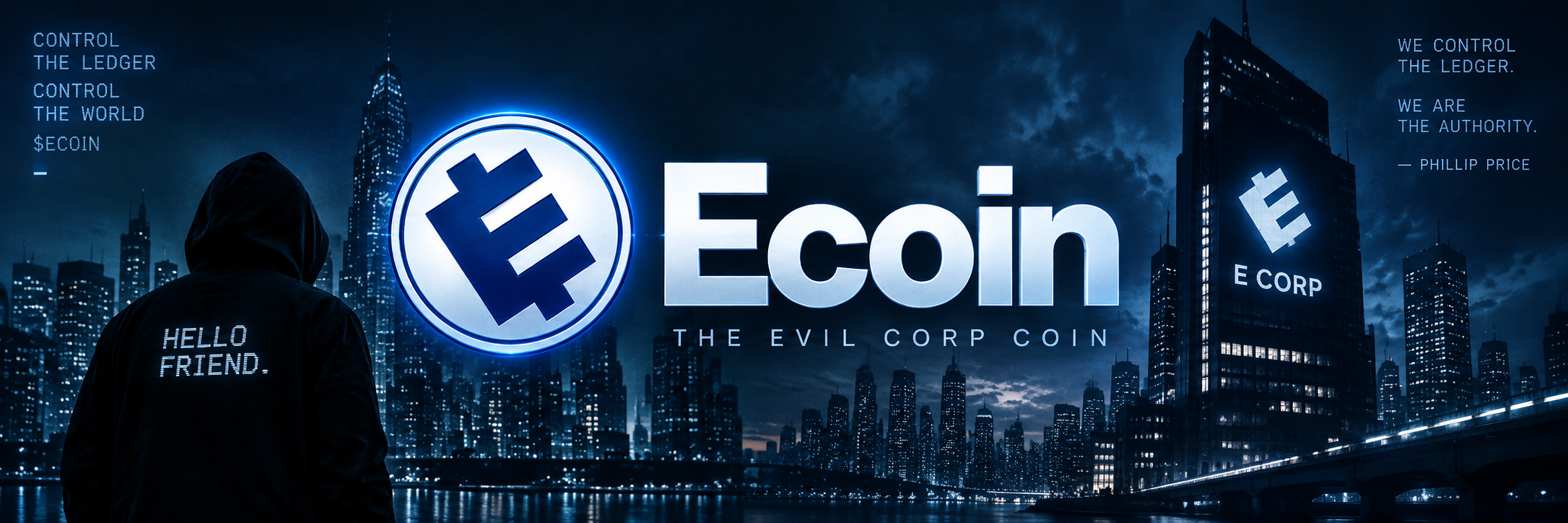 Ecoin banner: a hooded figure faces a night skyline and an E Corp tower beside the Ecoin emblem.